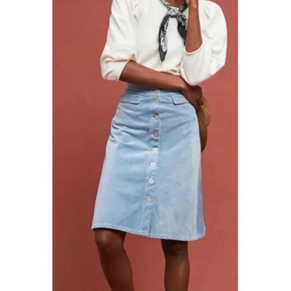 Anthropologie Blue Corduroy Button Front Midi A-Line Skirt Size 2 Cottagecore